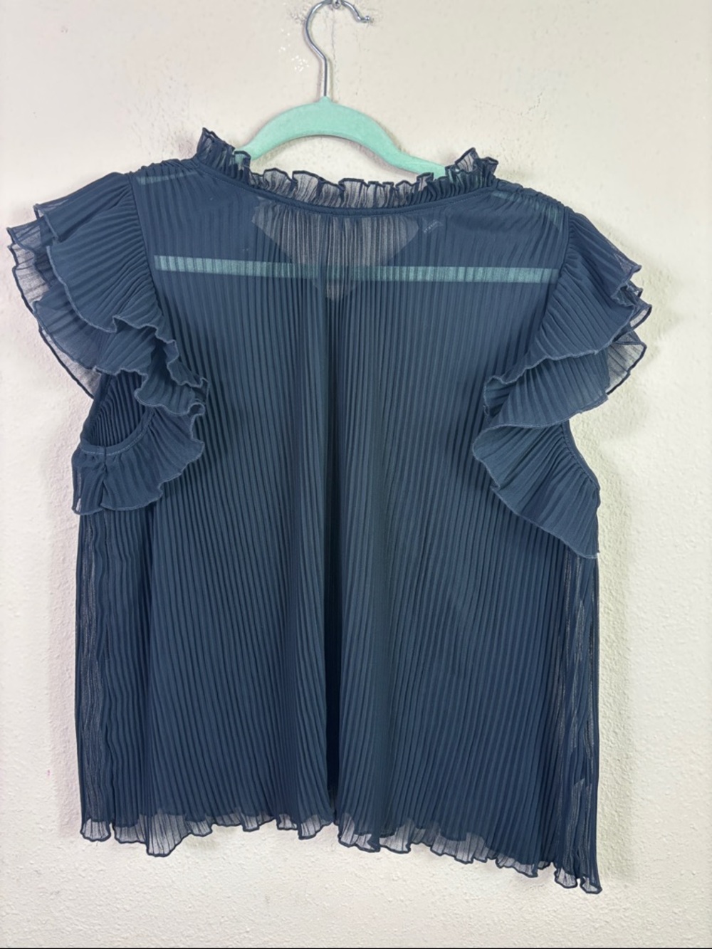 Anthropologie Black Sheer Pleated Short Sleeve Ruffle Top size small